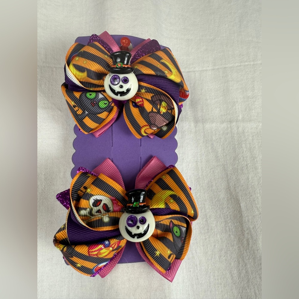HandMade Halloween Bow Hair Clips for Kids - Purple and Orange